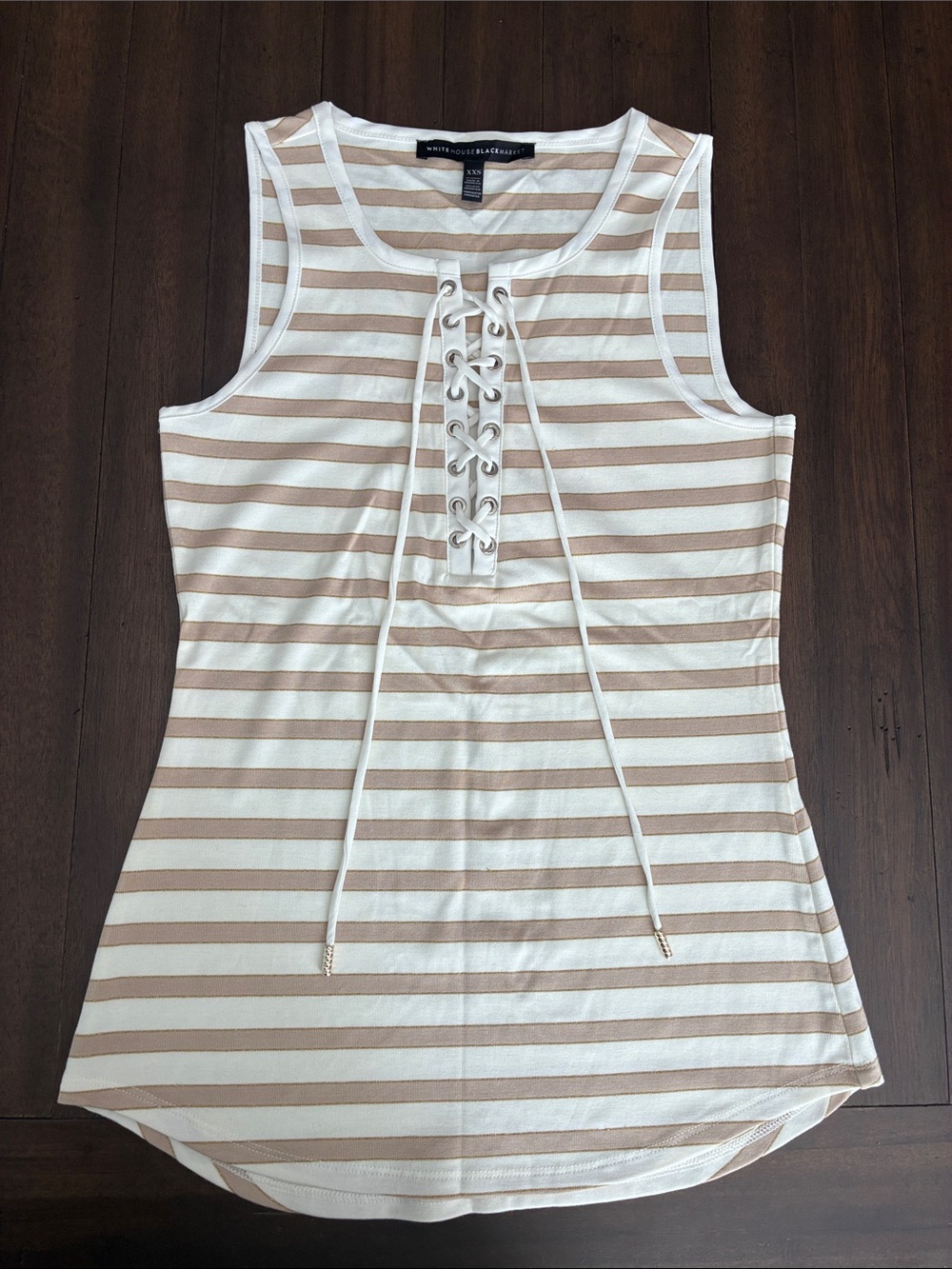 White House Black Market White & Beige Striped Lace-Up Tank